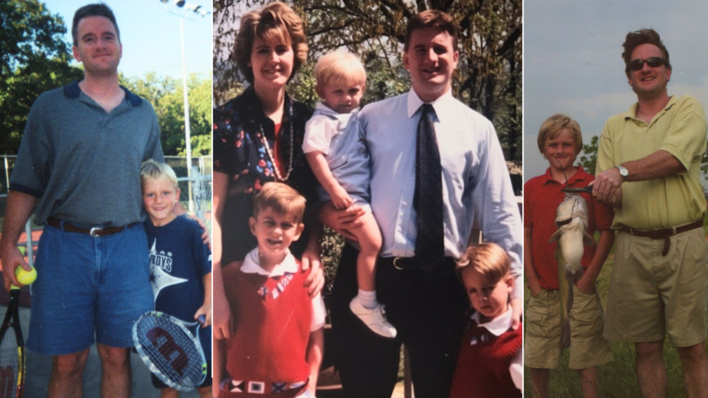 Picutres of Dad and Son over the Years. Tennis, fishing, and a family photo from the 1990s.